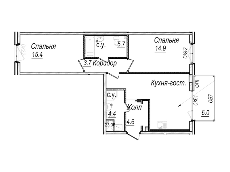 2-комнатная квартира 70.7 м², 6/8 эт., Комплекс апартаментов «Meltzer Hall»